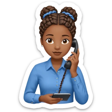 black girl on the phone with a notepad in colored formal shirt and braided bun sticker