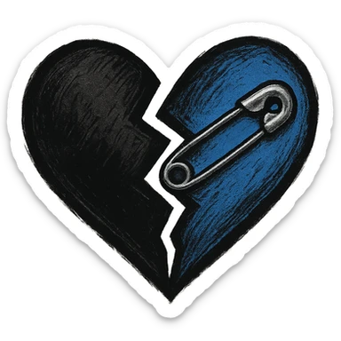 emo emoji, jagged heart, black and blue, small safety pin, modern emo aesthetic sticker