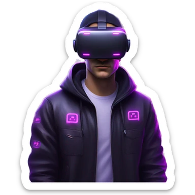 Russian man wearing a black hoodie with "OMG" letters on it and VR headset in a cyberpunk VR environment with violet neon lighting. sticker