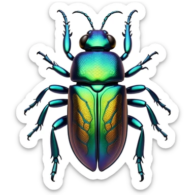 Cinematic Noble Beetle Portrait Emoji, Poised and robust, with a shiny, metallic exoskeleton in deep, iridescent hues and intricately detailed patterns, sharp, focused eyes and a sturdy, commanding form, Simplified yet sharply defined features, highly detailed, glowing with a cool, reflective luminescence, high shine, intelligent and resilient, stylized with an air of natural armor, focused and alert, soft glowing outline, capturing the essence of a watchful beetle that appears ready to crawl out of the screen with effortless strength! sticker
