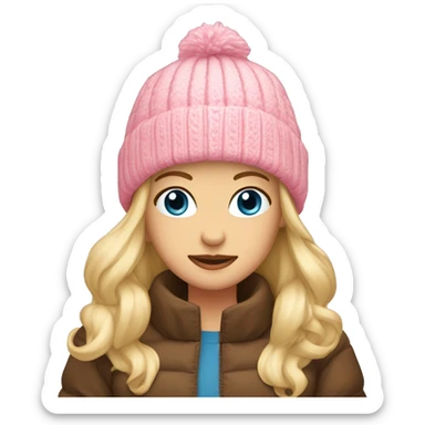 Blond girl blue eyes brown puffer jacket pink nitted beanie  sticker