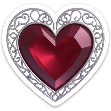 3D emoji style heart, black velvet texture, silver filigree details, deep red gemstone center, gothic and ornate sticker