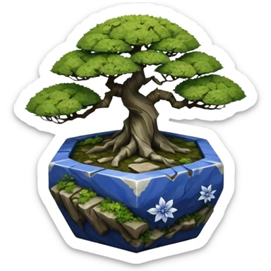 Japanese very old broken intricate Stone Age rocky-crusted dodecahedron-shaped shallow dark moss rough bark blue willow flower maple tree bonsai pot sticker