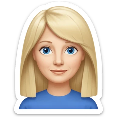 50 yr old white woman, curtain bangs, very long straight blond hair, oval face, small smile, blue eyes, thin face, hair downback, middle part round cheeks, pale, longer hair sticker