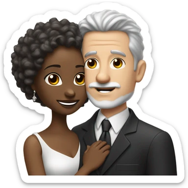 A pale white man with grey hair and with a goatee has just married, with a black woman with neck length curly 
brown hair and a brown complexion. They have a lot of money. they are hugged sticker