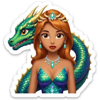 A gorgeous woman with dragon featured with glittering jeweled scales covering her body. She has large almond shaped eyes, lush lips, and she wears a stunning luminescent gown. sticker