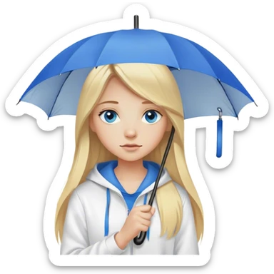 Cinematic realistic emojis in the form of a blonde girl with long hair, blue eyes, wearing a white hoodie, holding an umbrella over her sticker