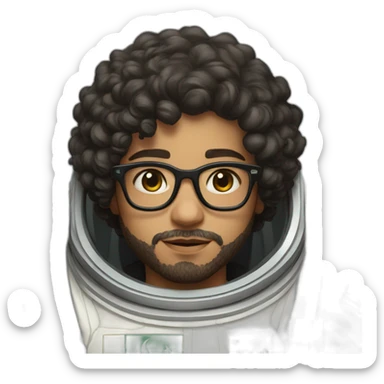 Light skinned Boy with black short curly hear and beard and glasses wearing a white astronaut suit with the saudi flag behind him sticker
