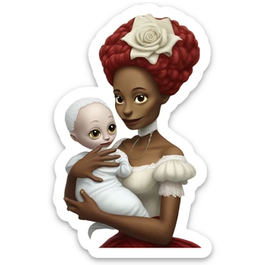  Reptilian alien woman , full body, in victorian red elegant dress , holds a newborn white humman baby sticker