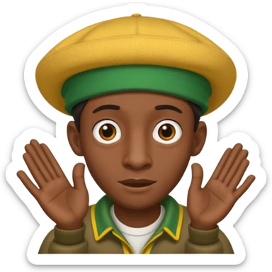 Lanky black guy with hunchback with hands out and Jamaican hat sticker