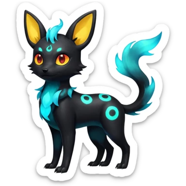 Shiny Fiery Dark Glowing Ethereal Eldritch Cool Edgy Badass Punky Aural Iridescent Fluorescent Bioluminescent Umbreon-Amaura-Salandit-Litten-Flareon-Fakémon-fusion (full body) with pattern markings sticker