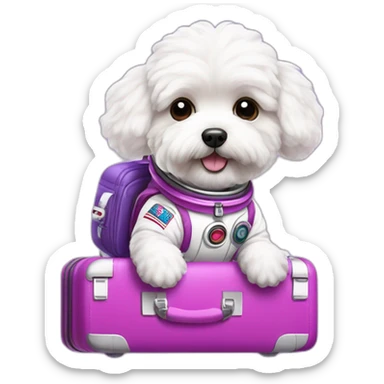 a white maltipoo as purple astronaut with a pink luggage sticker