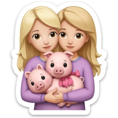 Girlfriends, blonde and brunette, hugging each other with a teddy bear and a little pig. Teddy sticker