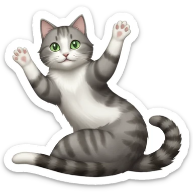 grey and white cat with green eyes doing a big extremely long stretch reaching up into the air with arms and legs side by side together straight and overextended whilst lying on its side sticker