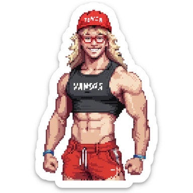 Man with black and white cap with VANOMAS text, bare torso, red shorts, clear glasses, messy light blond mullet hairstyle, smiling and flexing muscles sticker