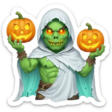 male orc warrior ghost emoji, green skin, wearing torn white ghost sheet costume, holding glowing jack-o'-lantern, faint blue aura, friendly but spooky expression, Halloween fantasy theme, Apple emoji style, clean white background, square sticker