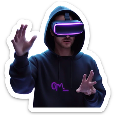 Russian man wearing a black hoodie with "OMG" letters on it and VR headset oculus quest 2 in a cyberpunk VR environment with violet neon lighting. Showing direction with hand sticker