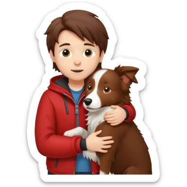Menino fofo de pele branca e cabelo castanho comprido usando uma jaqueta vermelha abraçando um border collie marrom  sticker