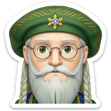 Dumbledore wear green scotland Tam o'shanter cap with decorative patterns, wear glasses, very long beard sticker
