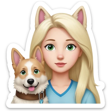 White European young woman with blue-green eyes and long blond hair with her white German Shepherd dog,the Dog hast a pink nose and short fur  and Brown eyes sticker