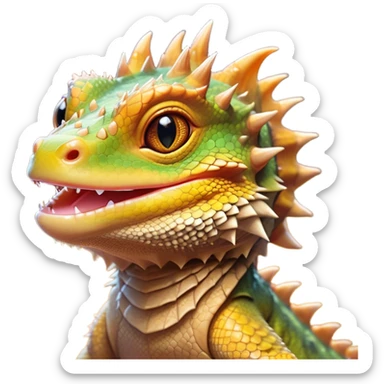 Cinematic Cute Bearded Dragon Portrait Emoji, Head tilted playfully and inquisitively, featuring a glossy, scaled hide in warm olive hues with an adorably scrunched spiky beard and round, sparkling eyes full of curious mischief, Simplified yet irresistibly adorable features, highly detailed, glowing with a warm, friendly glow, high shine, affectionate and lively, stylized with a touch of rugged whimsy, bright and endearing, soft glowing outline, capturing the essence of a mischievous yet loving dragon, so playful it feels like it could scamper out of the screen into your arms! sticker