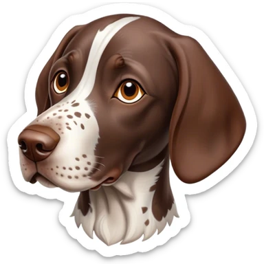 Cinematic Cute German Pointer Portrait Emoji, Playful and charming, soft brown and white tones, Simplified yet expressive features, highly detailed, glowing with a warm, friendly glow, high shine, joyful and loyal, stylized with a touch of whimsy, curious and alert, soft glowing outline, capturing the essence of a playful pup ready for adventure, so endearing it feels like it could jump out of the screen and wag its tail! sticker