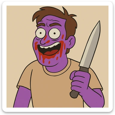 Edit the image of a man to have purple skin, keep everything else as in the original, cartoon style, holding a knife, ketchup on the face, humorous expression, neutral background. sticker