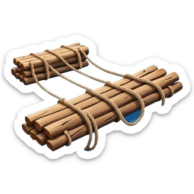 showing a simple wooden raft floating on calm blue water — made of several brown logs tied together with rope — gentle ripples around it — bright, cheerful lighting and soft shadows — minimalist, clean emoji design sticker