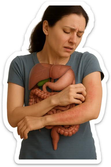 donna con intestino umano anatomico realistico che si gratta il braccio su cui ha un'eritema, iperrealistica 4k sticker