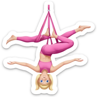 Blonde girl with blue eyes in pink workout clothes doing aerial yoga sticker