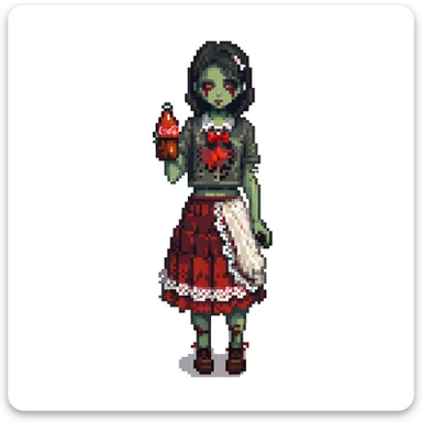 Generate an Asian girl, dark-haired, she's a zombie, wearing a skirt with lace, slightly torn,
Holding a bottle of Coca-Cola in her hands.
Background: a dark street in the style of Gotham City  sticker
