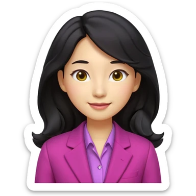 Ultra cute 3D emoji of a Korean woman, long wavy black hair, big brown eyes, small nose, warm smile, smooth pastel skin, wearing a magenta blazer over a dark top, on a solid lemon yellow background. Clean Pixar-style, soft lighting, simple shapes, no text, no background objects, high resolution. sticker