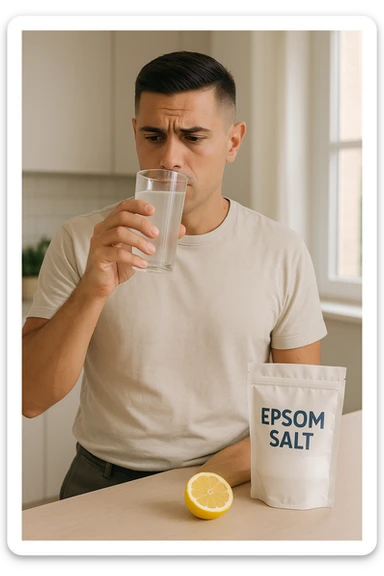 A realistic, bright photo-style image of a young man in his 30s standing in his kitchen, holding a clear glass filled with water in which Epsom salt (magnesium sulfate) has been dissolved. He looks focused but slightly uncertain as he prepares to drink it for a liver flush or digestive cleanse. The glass shows slight cloudiness from the dissolved salt. On the counter are a packet labeled 'Epsom Salt' and a sliced lemon, suggesting he might use it to mask the taste. The setting is clean, natural, and bright with neutral tones. The background shows sunlight streaming through a window, emphasizing a clean, minimalist health-focused environment. The mood conveys a realistic, calm moment of self-care with a hint of discomfort, illustrating a natural detox practice in italiano sticker