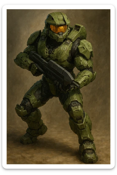 Master Chief from the Halo video games, full armor, helmet, iconic green color, sci-fi soldier, detailed, dynamic pose sticker