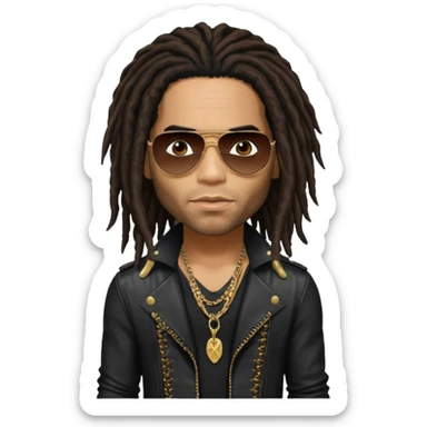 Lenny Kravitz with long dark brown dreadlocks, black metallic outfit sticker