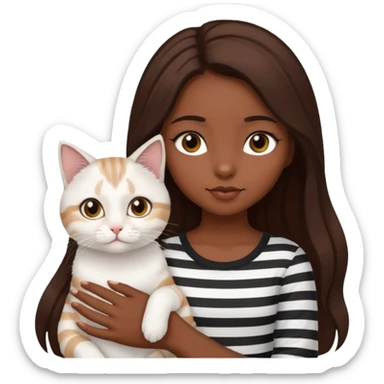 a dark-skinned girl with long brown hair, big brown eyes and a Scottish white cat with black stripes in her hands sticker
