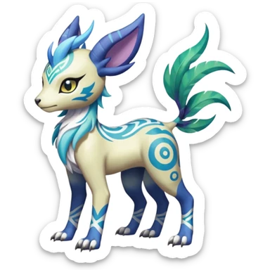 Tropical Tiny Marked Patterned Tribal Colorful Skilled Adept Graceful Asian Painted Garurumon-Meloetta-Absol-Suicune-Cobalion-fusion-hybrid-creature (full body) sticker
