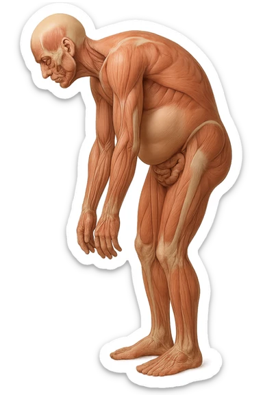 corpo umano anatomico realistico che si butta con la schiena e le spalle in avanti, pancia sporgente e postura delle spalle chiuse, isolato su sfondo bianco sticker