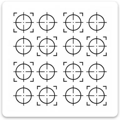a series of layout markings spaced in an even symmetrical grid, as in camera viewfinder crosshairs. black and white high contrast, precision optics sticker