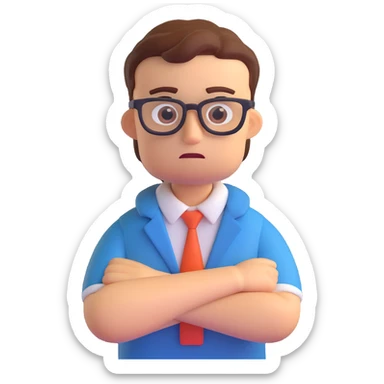 nerd with arms crossed, worried expression, 3D emoji style sticker