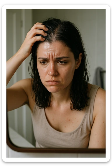 A realistic, cinematic portrait of a young woman in her late 20s sitting in front of a mirror, visibly frustrated. Her skin appears oily with a shiny forehead and cheeks, while her dark hair looks greasy and clumped, suggesting excessive sebum production. She lightly touches her scalp with concern while observing her reflection. Her expression is a mix of exhaustion and discomfort, emphasizing the emotional burden of these symptoms. The bathroom setting is softly lit with neutral daylight, reflecting a realistic environment. Subtle details such as small acne spots on the jawline and chin highlight androgen-related PCOS symptoms. Style: clean, detailed, 35mm realism with soft depth of field to keep focus on her expression and the greasy hair texture, while the background remains minimal to maintain emotional impact sticker