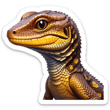 Cinematic Cute brown camo spotted monitor Lizard Portrait Emoji, Head tilted playfully and inquisitively, with a sleek, patterned body accented by vibrant hues and round, sparkling eyes full of wonder, Simplified yet irresistibly adorable features, highly detailed, glowing with a warm, friendly glow, high shine, affectionate and lively, stylized with a touch of exotic charm, bright and endearing, soft glowing outline, capturing the essence of a mischievous yet captivating lizard that seems as if it could scuttle out of the screen into your arms! sticker