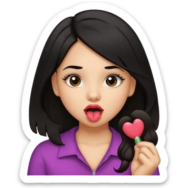 I want a girl light tan skin with black hair holding a hair strand and sticking a tongue out with thick lifted lips small nose and lifted eyes dark brown eye color sticker
