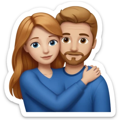 girlfriend with long dark strawberry blonde hair middle part with brown eyes giving hug to man with blue eyes, dark blonde hair and facial hair sticker
