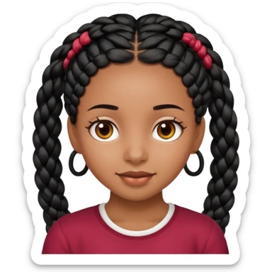 friendly black girl with neat black braids and soft brown eyes, face only, visually striking and charming, Apple emoji style sticker