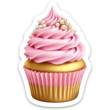Cinematic Realistic Pink Cupcakes, fluffy pastel pink frosting swirled elegantly on top of golden cupcakes, tiny edible pearls adding a delicate touch, soft warm lighting creating a dreamy atmosphere, glowing with sweetness and charm. sticker