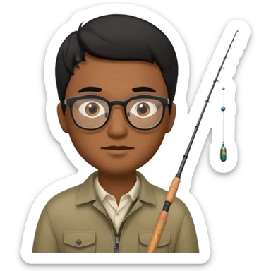 man with brown skin, glasses, straight black hair, brown eyes, and a fishing pole sticker