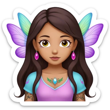 Earthreal sparkly angelic mystical magical shiny pretty Fairy. Dark Brown eyes, Caramel skin, Long dark brown hair. White, hot pink and light blue and lavender, light green, light yellow . Tattoos sticker