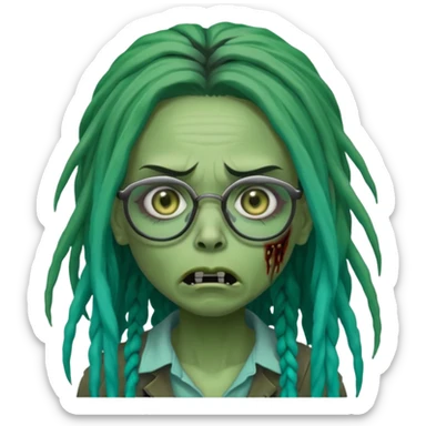 One female green-skinned, zombie with glasses, with ombre black & teal long dreadlocks and a worried expression with a small wound near its mouth. sticker