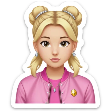 High school white girl with long blonde hair hair tied into a bun. Wearing a pink tee shirt with a bomber jacket and diamond stud earrings. She’s also wearing a short, dainty and girly (maybe 16”) gold chain sticker